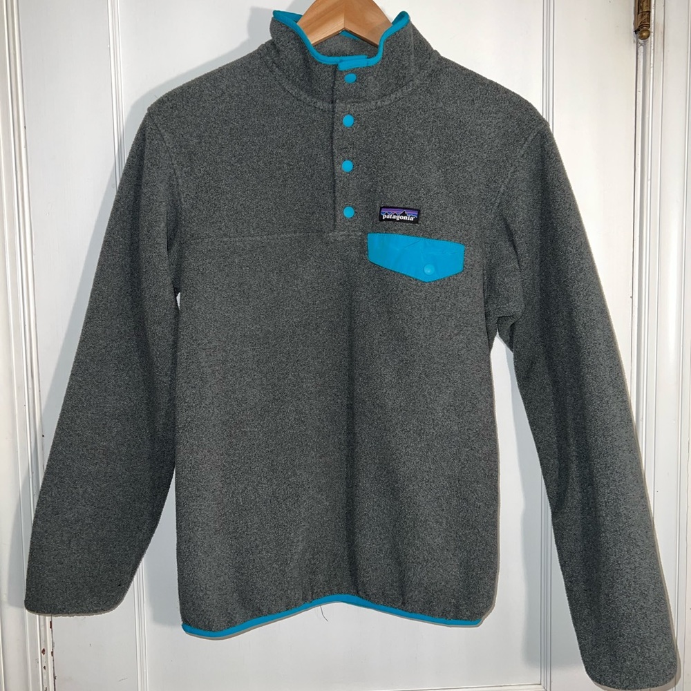🏔PATAGONIA SYNCHILLA GRAY TEAL WOMENS FLEECE BUTTON SNAP PULLOVER WINTER…